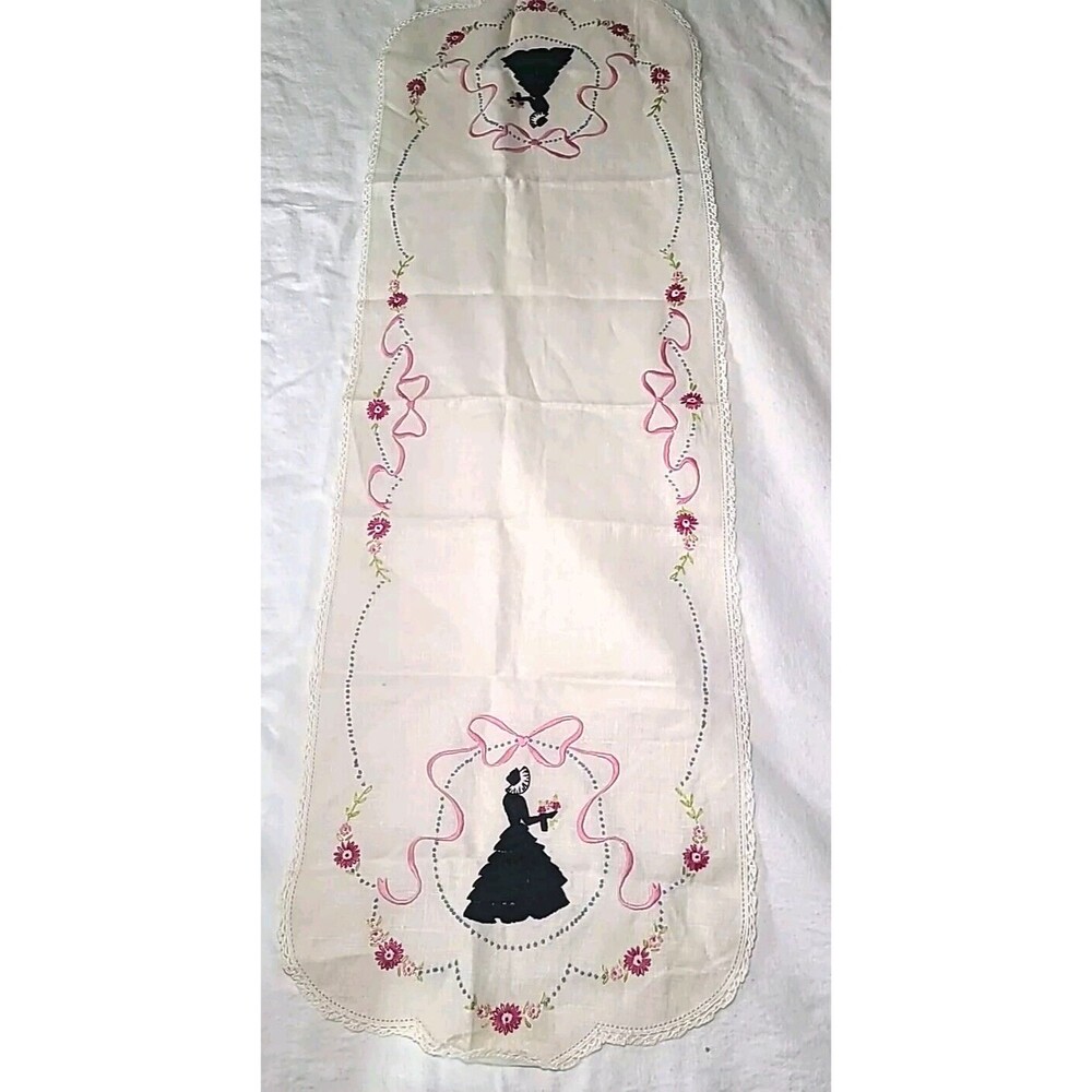Vintage Handmade Embroidered Dresser Scarf Tablerunner Victorian 40"x13"